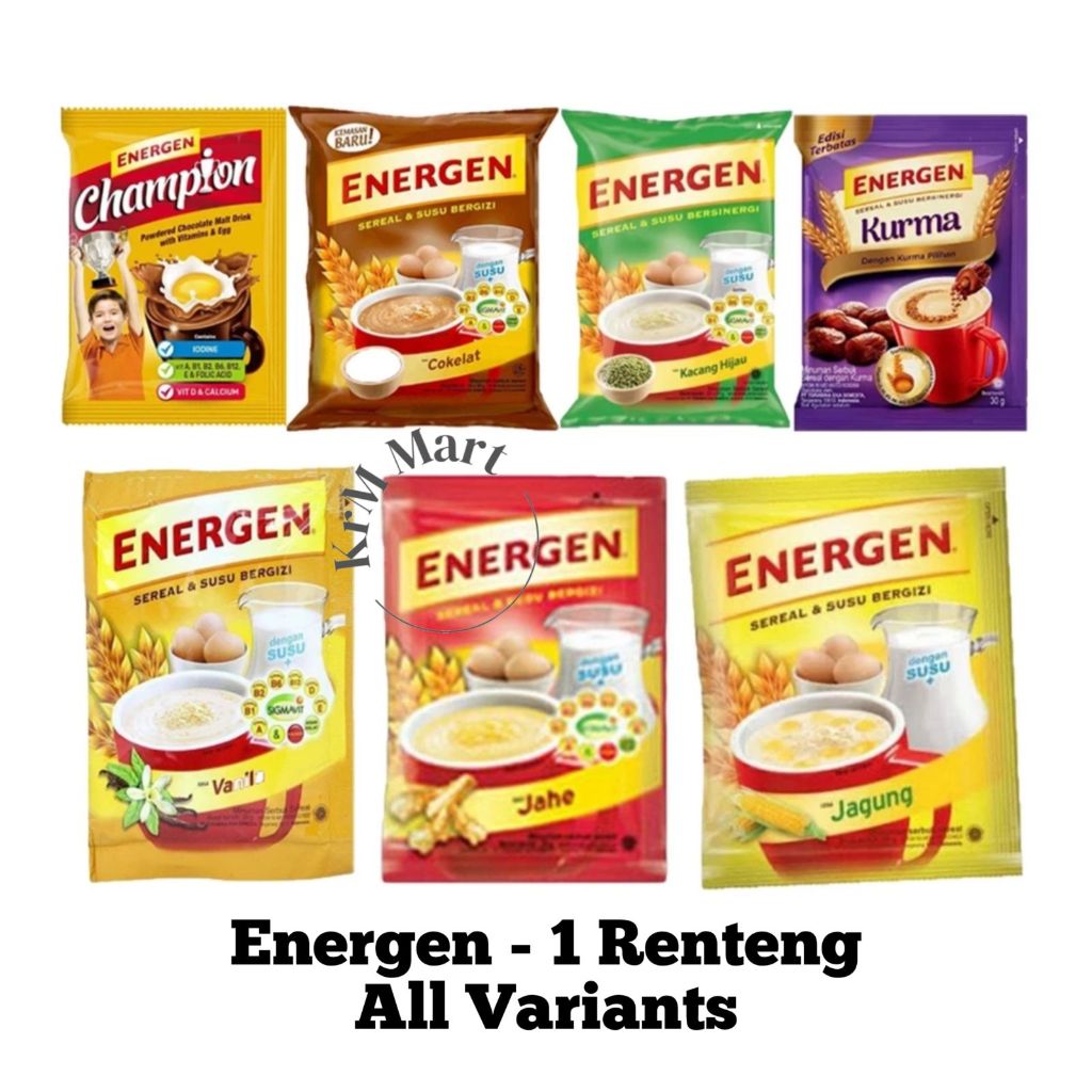 

Energen 1 renteng All Varian cokelat coklat kacang hijau ijo vanila vanilla jahe kurma champion sereal susu malt minuman serbuk instan