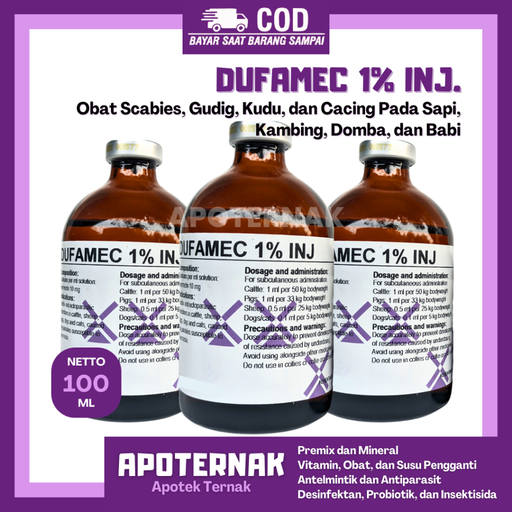 DUFAMEC 1% Injeksi 100 mL | Obat Scabies Gudig Kutu dan Cacing Pada Sapi Kambing Domba dll Mectin | 