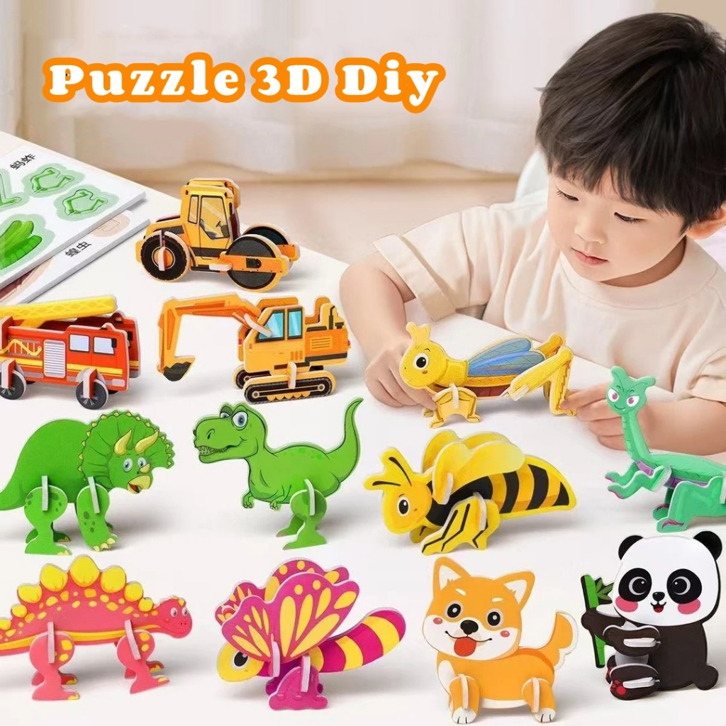 10 Pcs Puzzle 3D DIY Mainan Edukasi Anak Puzzle Hewan Laut Motif Hewan Dino