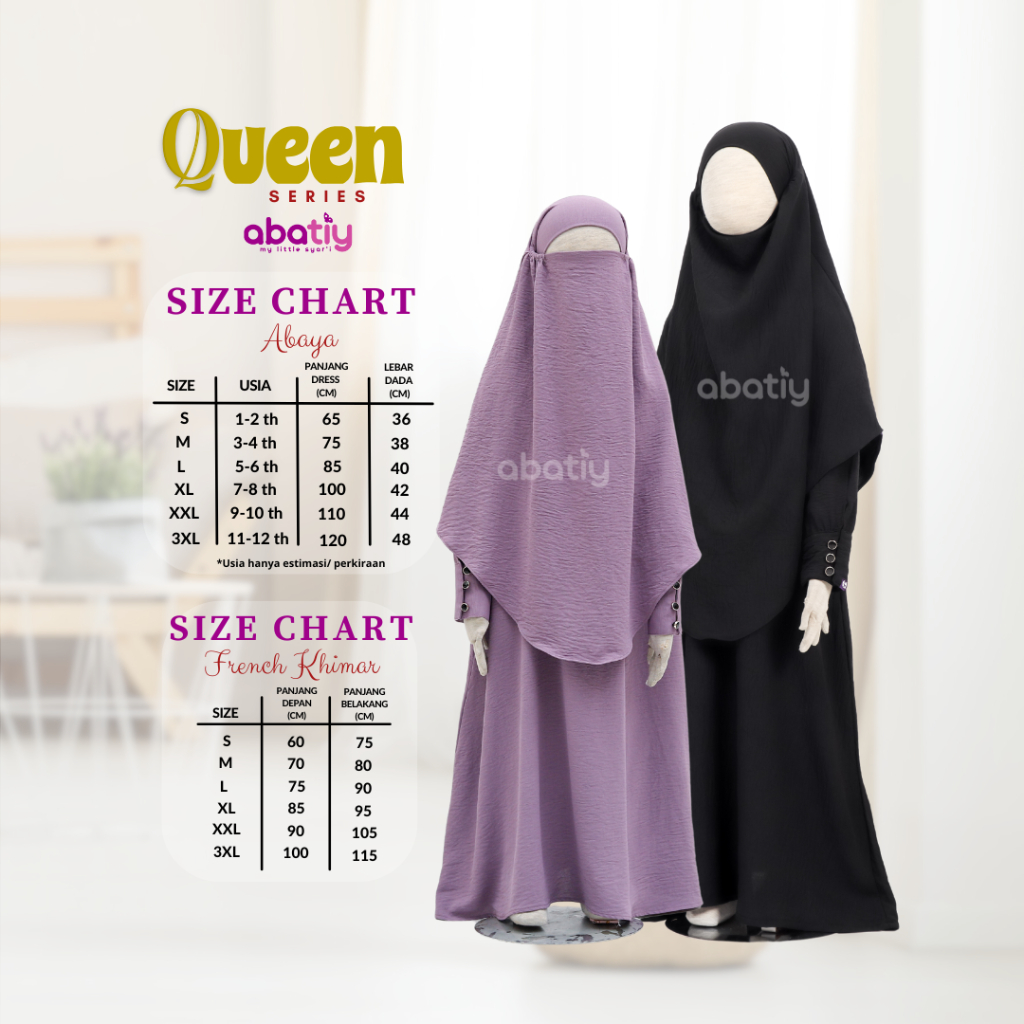 PREMIUM ABATIY - QUEEN SERIES FRENCH KHIMAR GAMIS SET ANAK PEREMPUAN