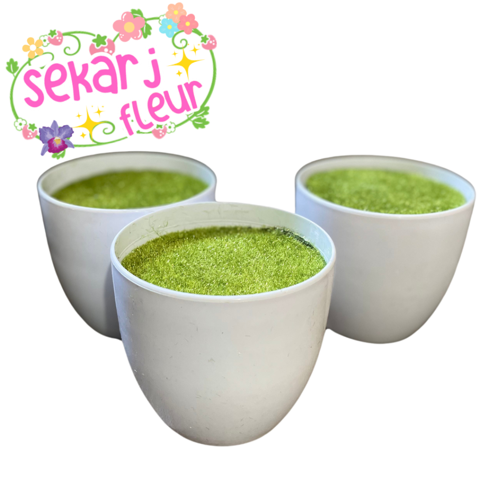 POT BUNGA PLASTIK AESTETIC WARNA PUTIH BULAT DENGAN RUMPUT TABUR