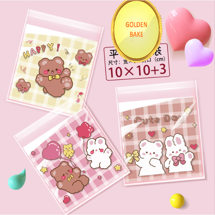 

GBake 10x10 cm / 10x10cm KOTAK BEAR 100pcs plastik cookies roti plastik opp kue donat perekat seal