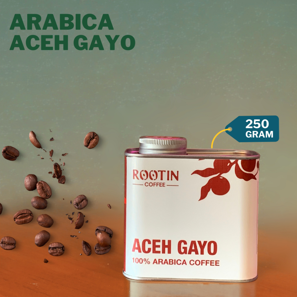 

Rootin Coffee Aceh Gayo Single Origin Arabika Roasted Beans Biji dan Bubuk Kopi / Tin 250 Gram