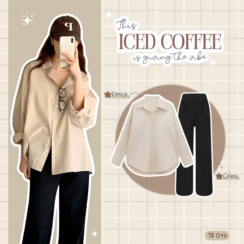 TB 046 | 2 In 1 Set Baju Wanita | Simple OOTD | Atasan Kemeja Katun Cream Celana Scuba Hitam | Outfi