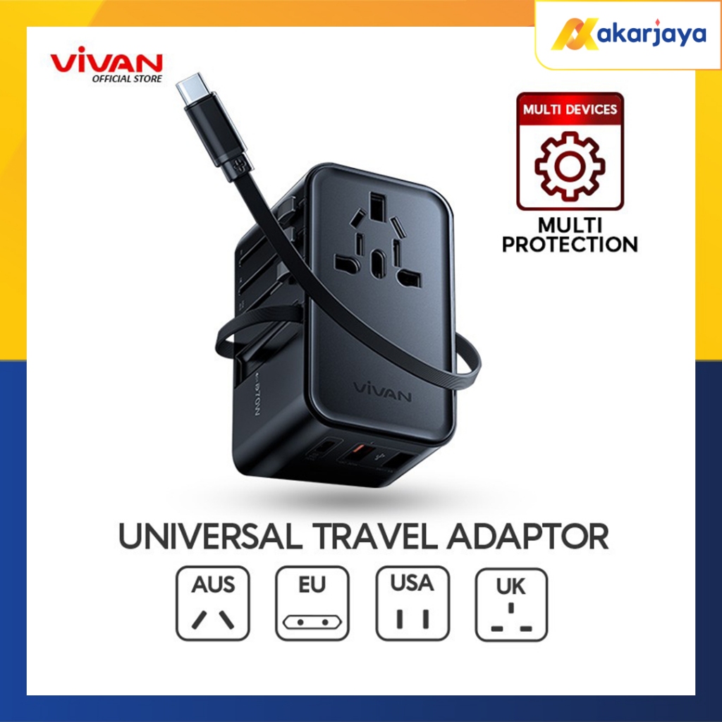 VIVAN VPS-T006A Travel Adaptor  70W GaN 10A PD QC 3.0 Retractable Cable Type C 5 Output