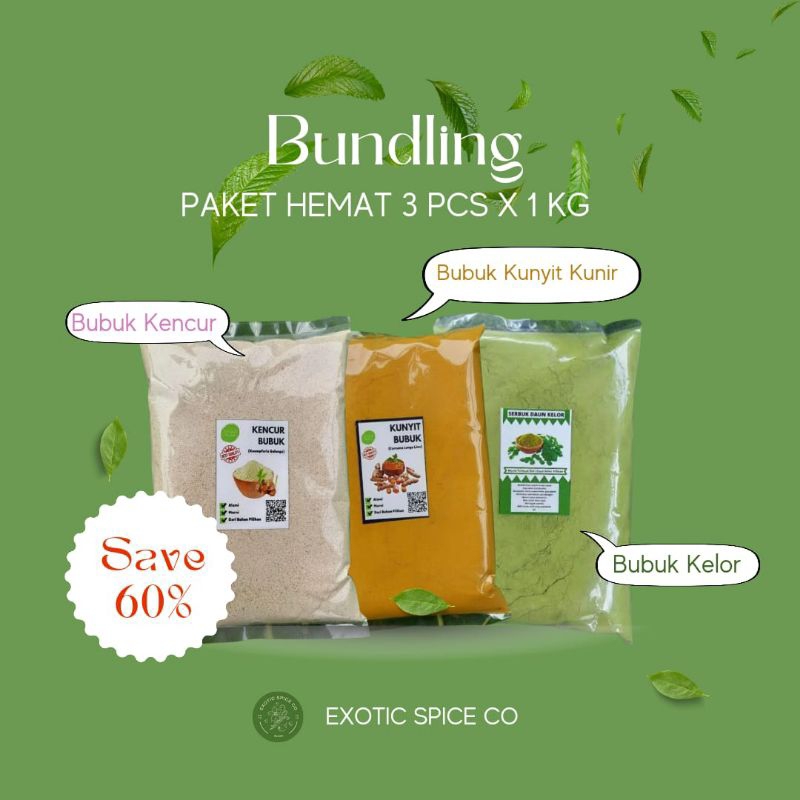 

PAKET HEMAT Bundling 3 X 1 KG, Bubuk Kelor, Bubuk Kunyit kunir, Bubuk Kencur
