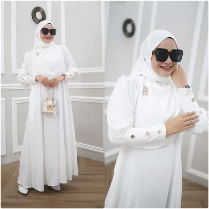 Abaya SABIYA Set Hijab Pasmina Gamis Syar'i Terbaru Baju Gamis Lebaran 2025 Gamis Putih Manasik Gami
