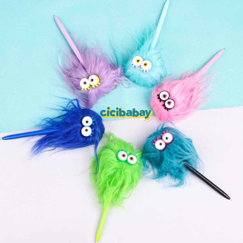 

Pom Pom Bulu Big Eyes Pen Fluffy Pulpen Cute 0.5mm Gel Pen