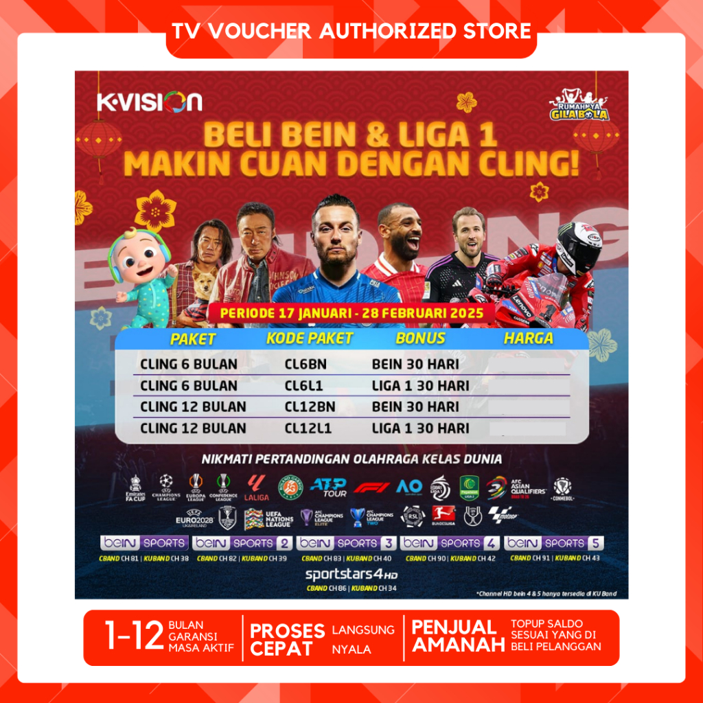 Voucher Paket KVISION BUNDLING Cling 6 Bulan 12 Bulan Bonus Bein Liga 1 CL12 CL06 K-Vision MNC GRUP