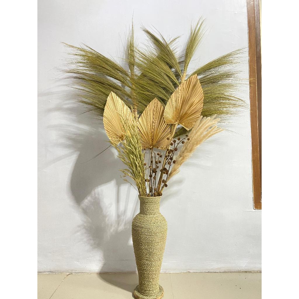 Paket Bunga Kering Tinggi 150cm Dekorasi Jumbo dan Pot/ Daun Palem Kering/ Pampas/ Dekorasi Rumah