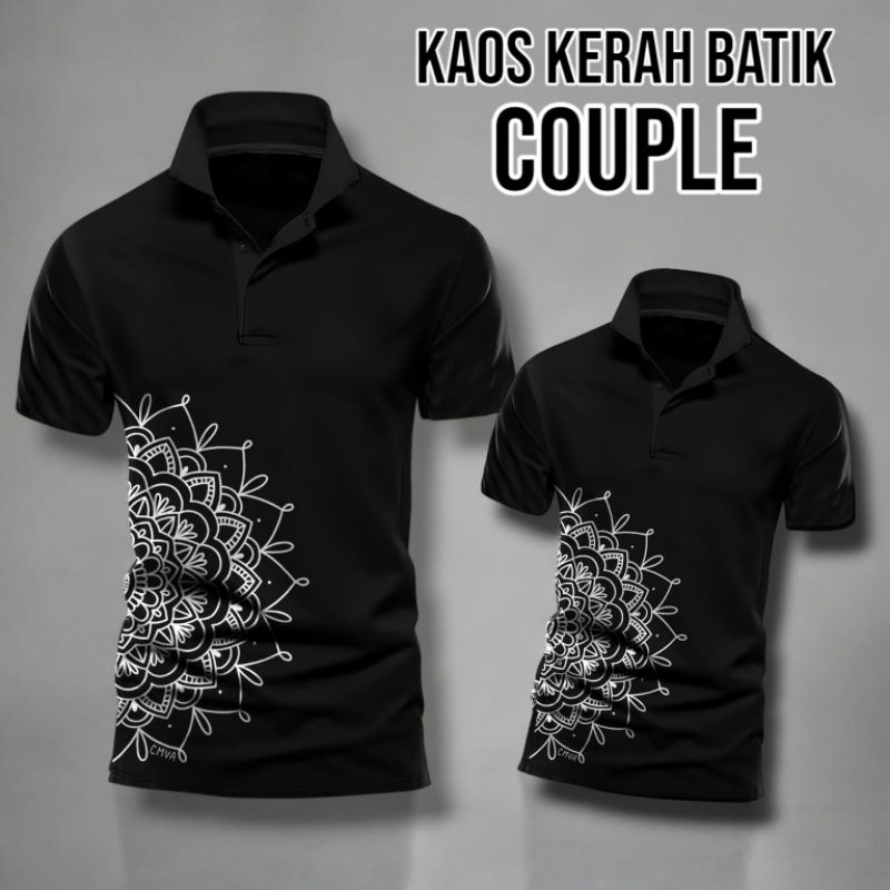 KAOS COWO POLO KERAH KANCING COUPLE AYAH ANAK MOTIF BATIK PUTIH SAMPING BAJU ATASAN POLOS LENGAN PEN