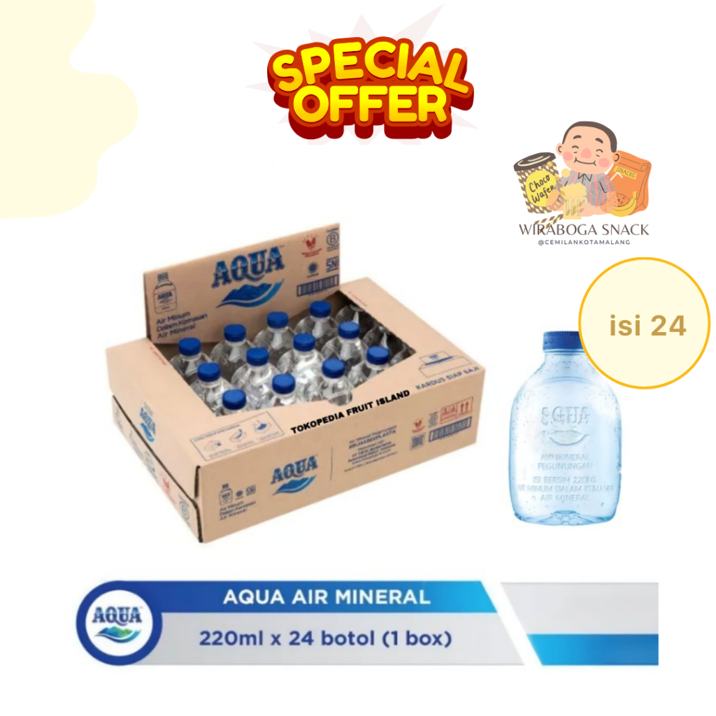 

AQUA AIR MINERAL BOTOL 220 ML - KARTON ISI 24 - BOTOL MBLENDUK IMUT
