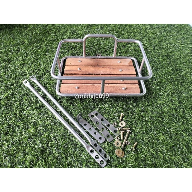 Rak depan Sepeda keranjang  besi alas kayu Sepeda Silver Coating Universal