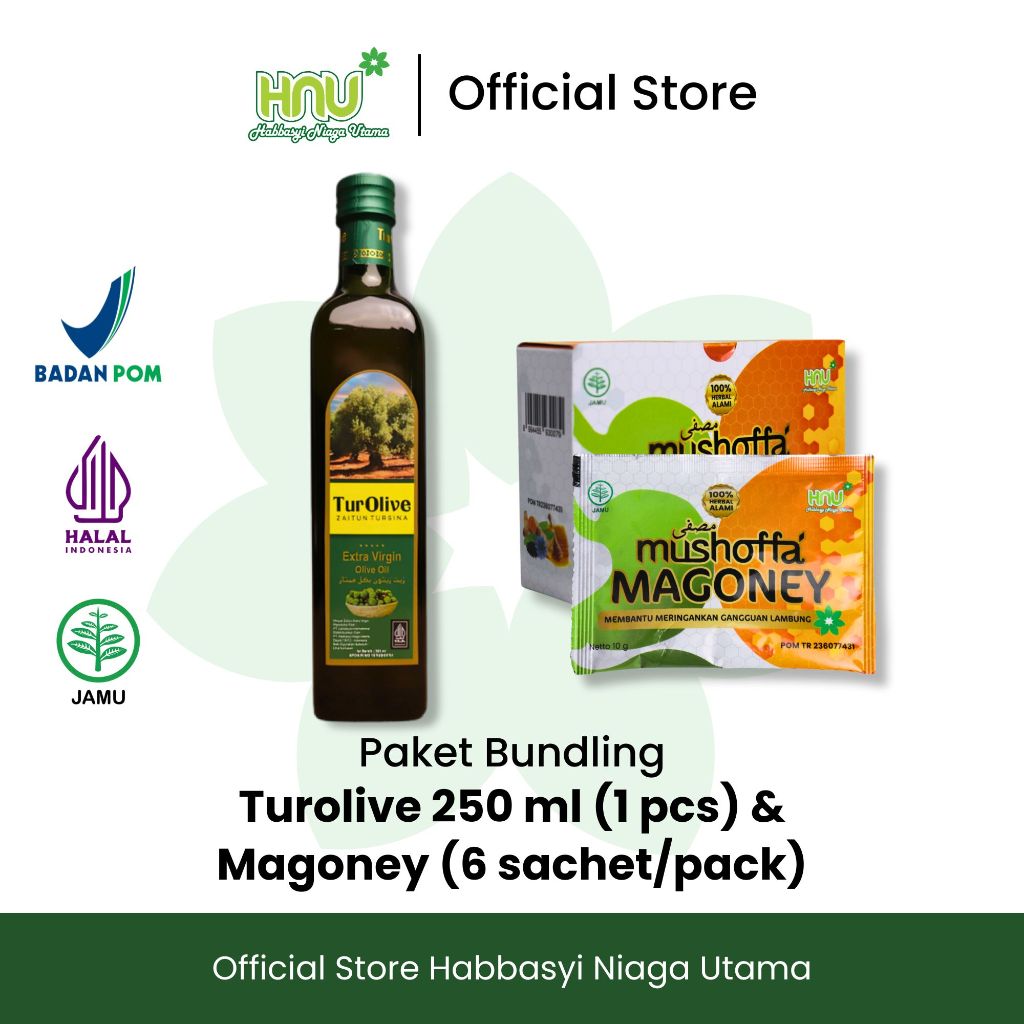 

Paket Murah Bundling Minyak Zaitun Turolive 250 ml (1 pcs) & Madu Maag Mushoffa Magoney (6 sachet/pack) - Halal MUI - BPOM