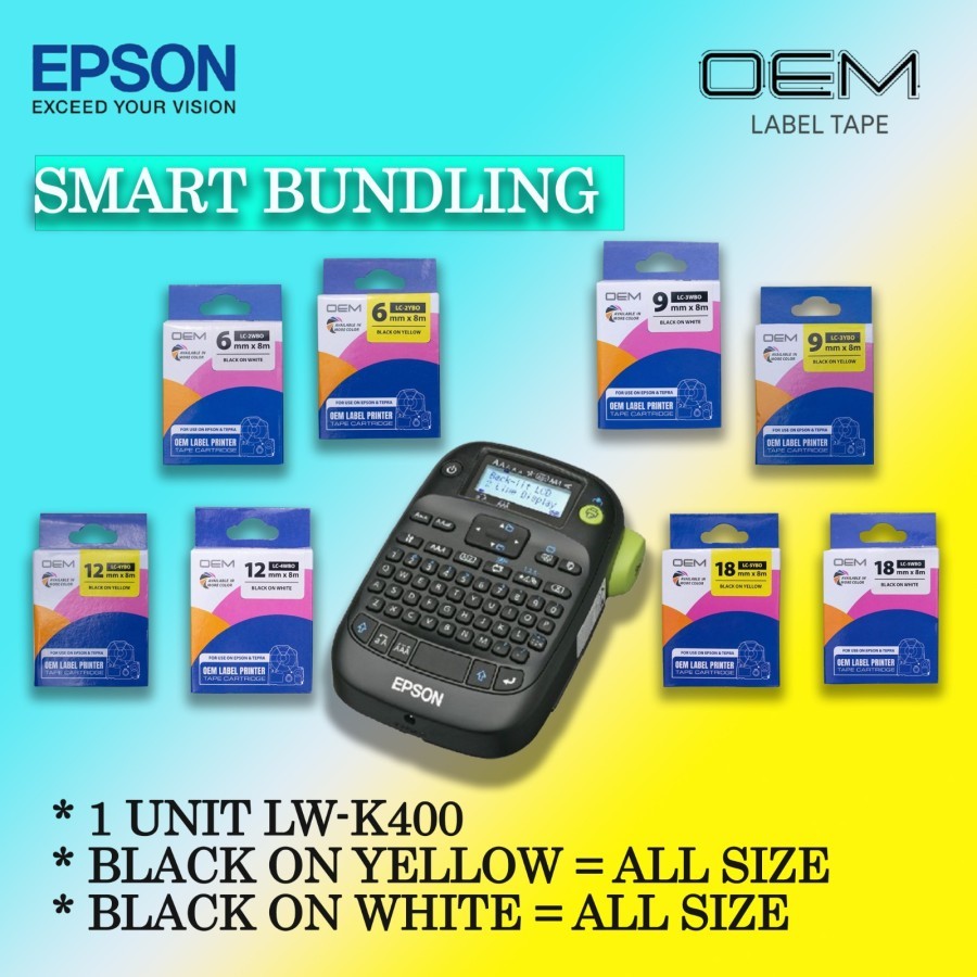 

- Paket Smart Bundling - Epson LabelWorks LW-K400 Bonus 8 Label Tape OEM 12mm Putih Kuning