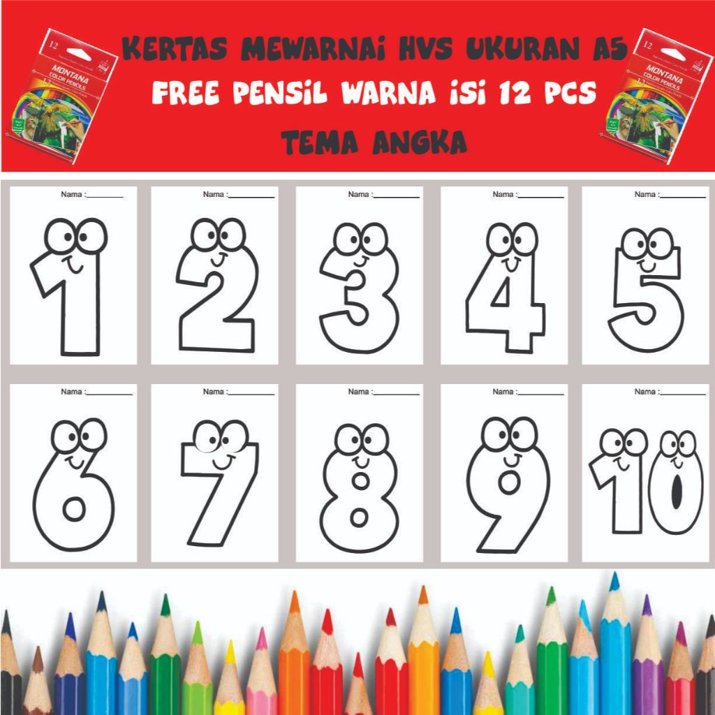 

Gambar Mewarnai kertas hvs ukuran A5 / sketsa / edukasi anak /coloring / Angka