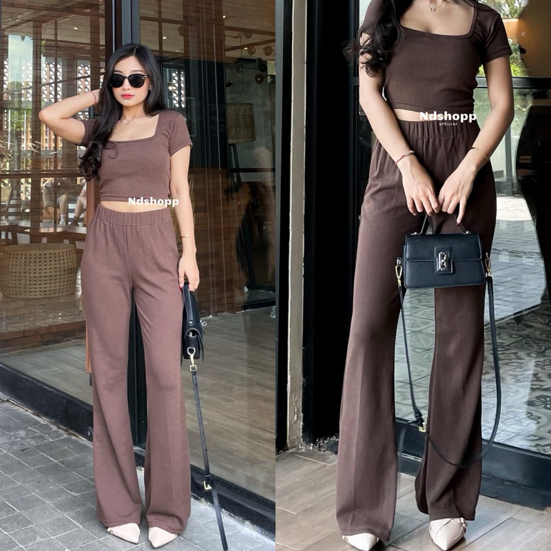 One Set Wanita Kekinian Aurel Setelan Baju dan Celana Bahan Rib Premium
