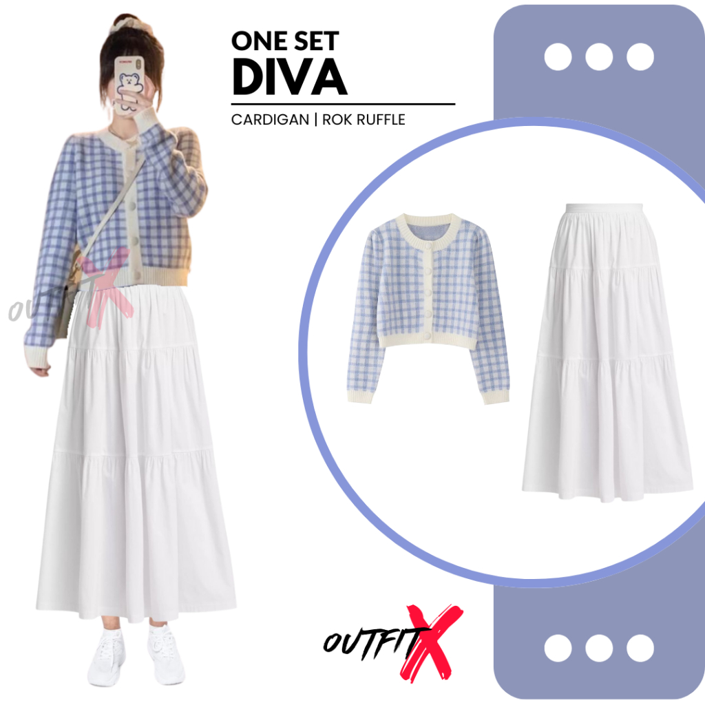 OUTFIT Wanita Korean Style One Set Diva OOTD Kekinian Setelan Kampus Cardigan Rok Ruffle