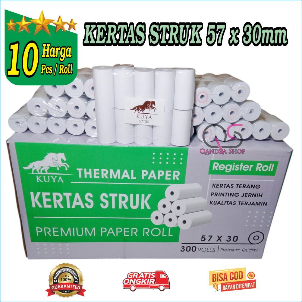

Kertas Kasir Struk Paper Roll Termal 57x30mm, KERTAS KASIR KUYA 57x30,KERTAS STRUK THERMAL EDC 57x30