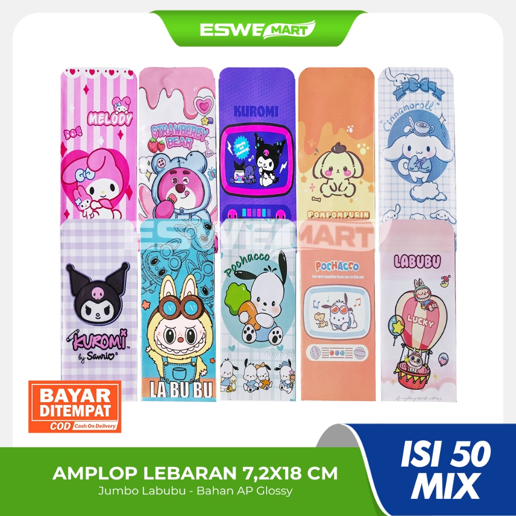 

AMPLOP Lebaran Karakter Lucu Labubu Kuromi - Jumbo 7,2x18 cm - 5 Pack isi 50 (MIX)