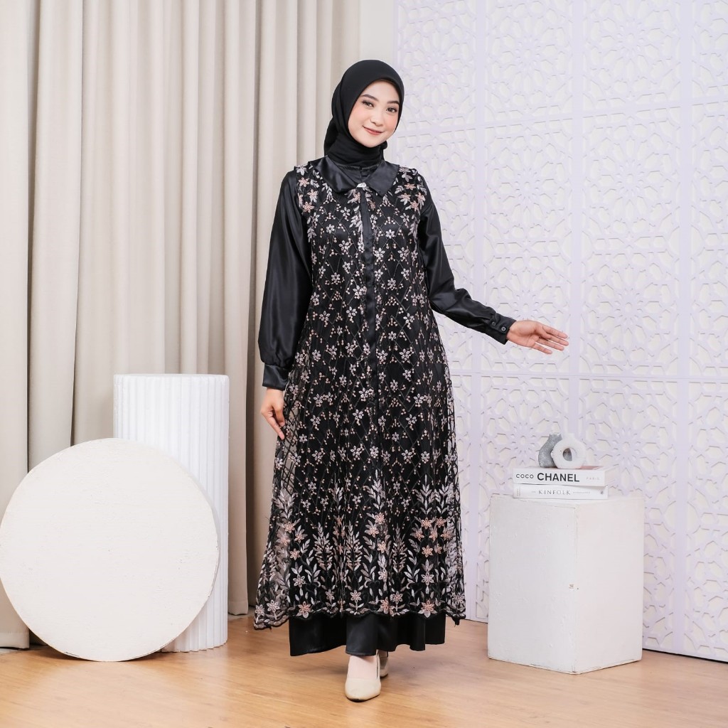 gamis mewah set outer bahan valvet brukat premium ukuran jumbo L XL XXL 3XL 4XL ld up 140