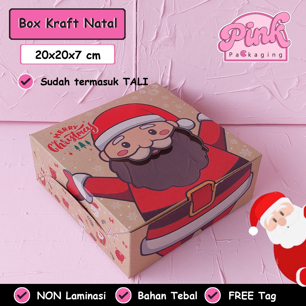 

Box Kraft Natal Hampers Cake Puding Christmas 20x20x7 cm Dus Merah Santa Tebal Murah Mewah FREE TAG