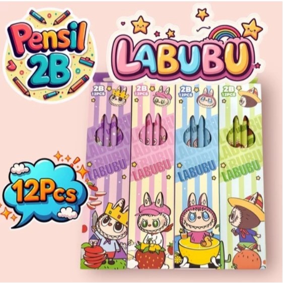 

(12pc) PENSIL 2B + PENGHAPUS LABUBU / PENCIL KAYU 2B MOTIF KARAKTER LABUBU