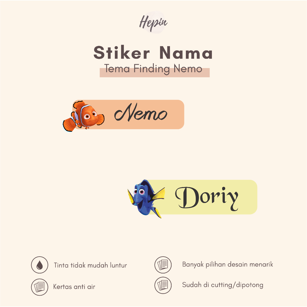 

(90 - 120 pcs) Stiker Cutting nama FINDING NEMO / Stiker Nama Anak Murah / Label Nama Custom