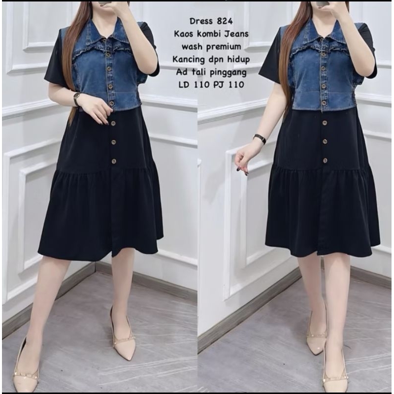 Terusan Wanita Baju DressTerusan Wanita Dewasa Model Kaos Kombi Jeans Premium