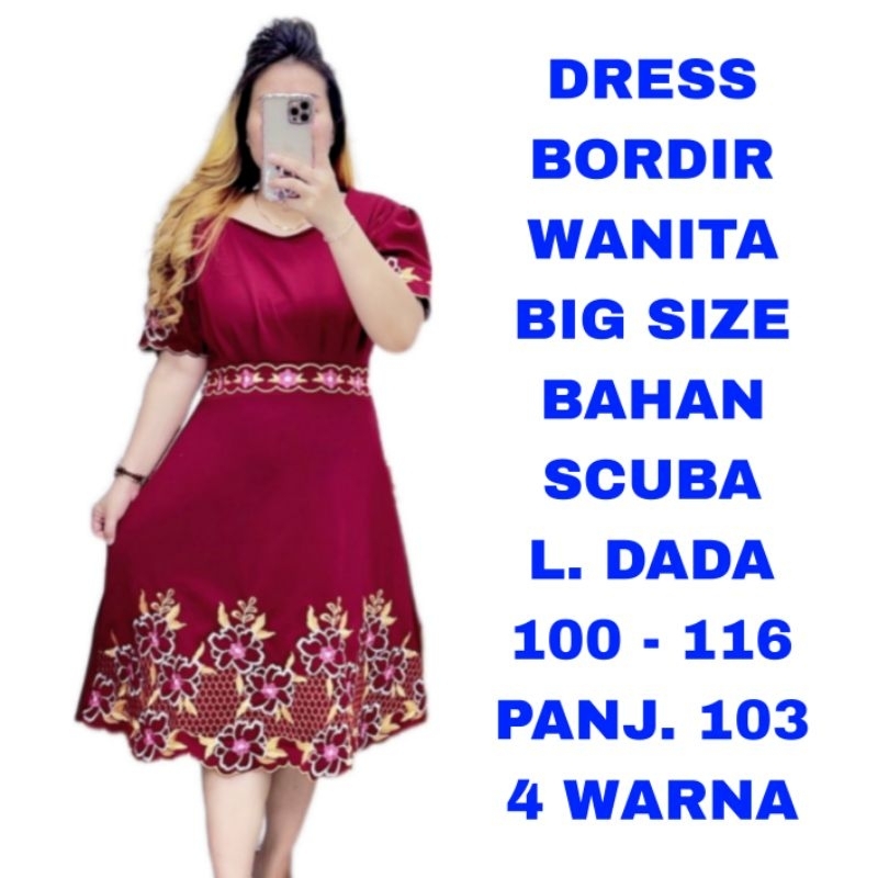 WK DRESS BORDIR SCUBA WANITA STANDAR BIG SIZE JUMBO LD. 100 110 115 BAJU IMLEK SINCUA NATAL CHRISTMA