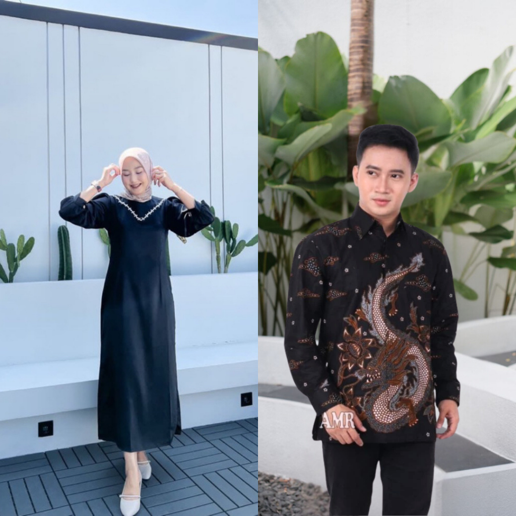 Baju Batik Couple Gamis Calendula| Batik Couple Baju Tunangan - Gamis Couple - Batik Couple Outfit K
