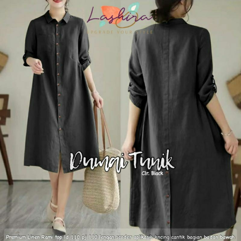 hitam- Dumai Tunik Polos Ld 110 fit XXL bahan katun linen / Lashira