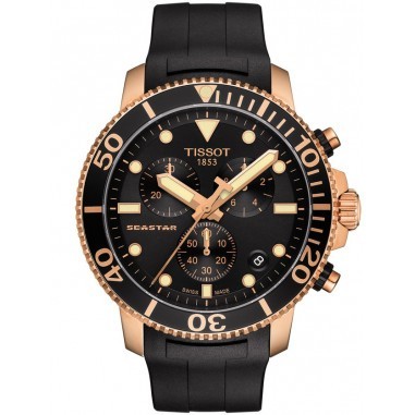 Tissot Seastar 1000 Chronograph Quartz Black Dial Rosegold Accent Rubber Strap Watch Jam tangan pria