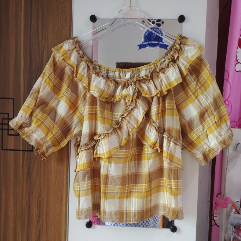 Blouse Wanita Kotak kotak lengan balon