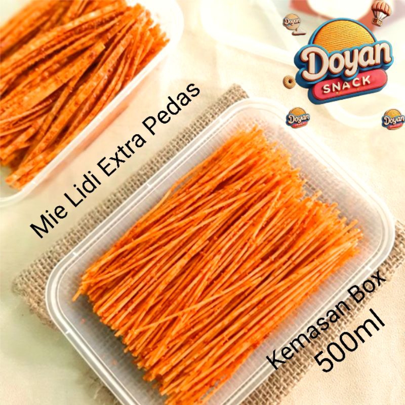 

Mie lidi Extra Pedas Kemasan Box 500ml Doyan Snack Bandung