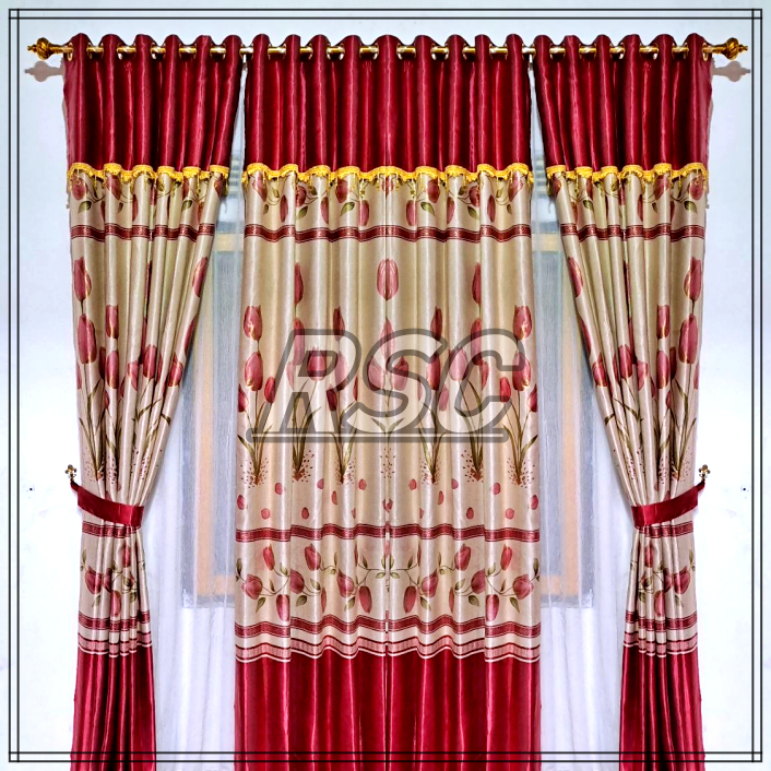 Gorden Pintu Jendela Ruang Tamu Kamar Tidur Motif Tulip Lebar 1 Meter Panjang 230 Cm Hijau Merah
