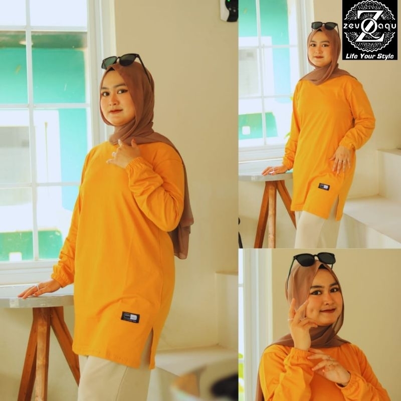 ATASAN Kaos tunik jumbo wanita lengan panjang pakai serut karet bahan katun combed 24s tebal nyaman
