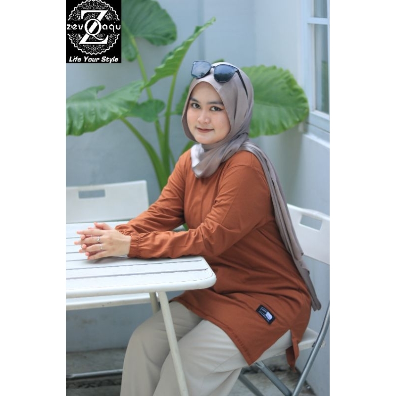 BAJU pakaian kaos tunik wanita dewasa remaja muslim basic lengan panjang motip karet serut original 