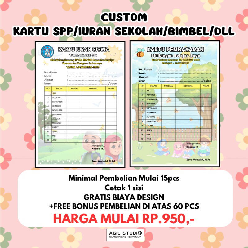 Custom Kartu Iuran SPP Sekolah Bimbel Les Dll Satu sisi