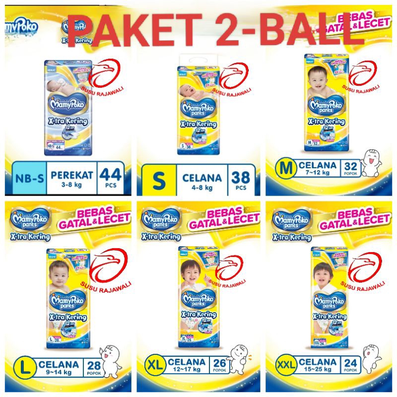 Mamypoko Pants Xtra kering S38 M32 L28 XL26 XXL24 (PAKET 2-BALL)