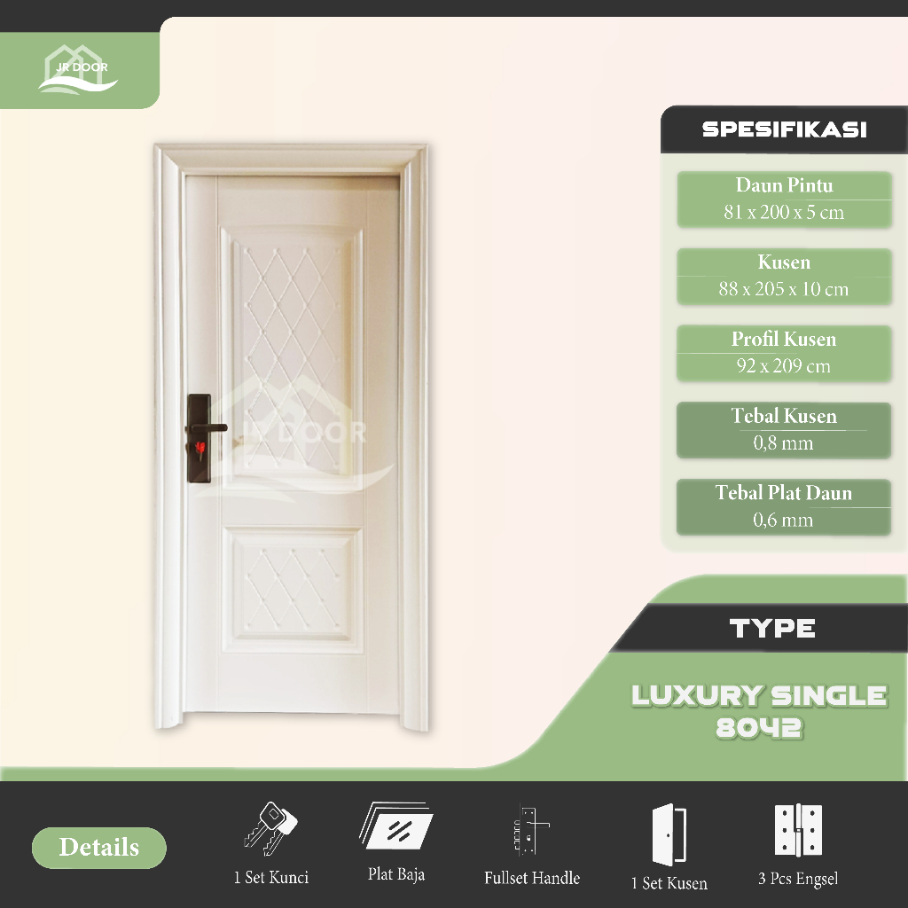 JR DOOR - (LUXURY SINGLE 8042) Full Set Pintu Utama Single Warna Coklat Pintu Kamar Tidur Baja Lengk