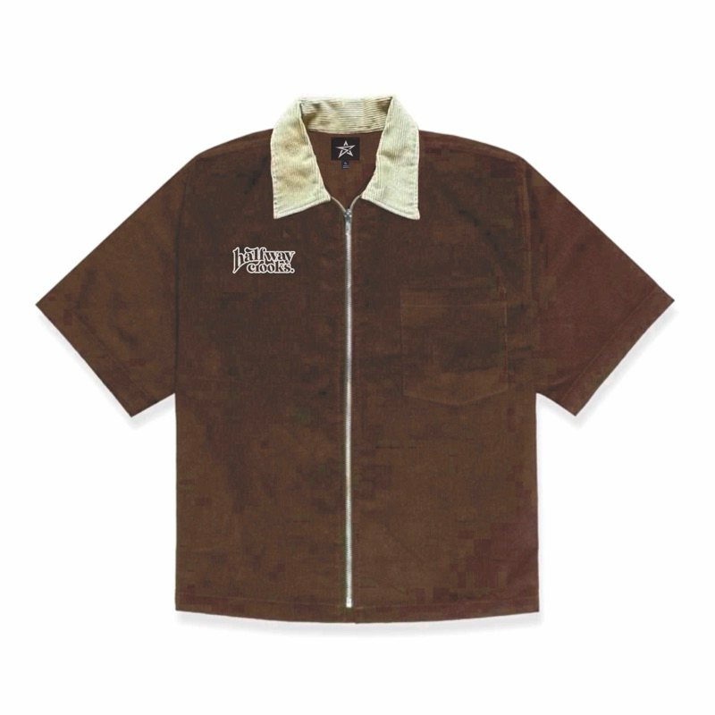 Sai - Halfway Work Shirt Brown Corduroy Zipper Boxy Shirt - Boxy Fit