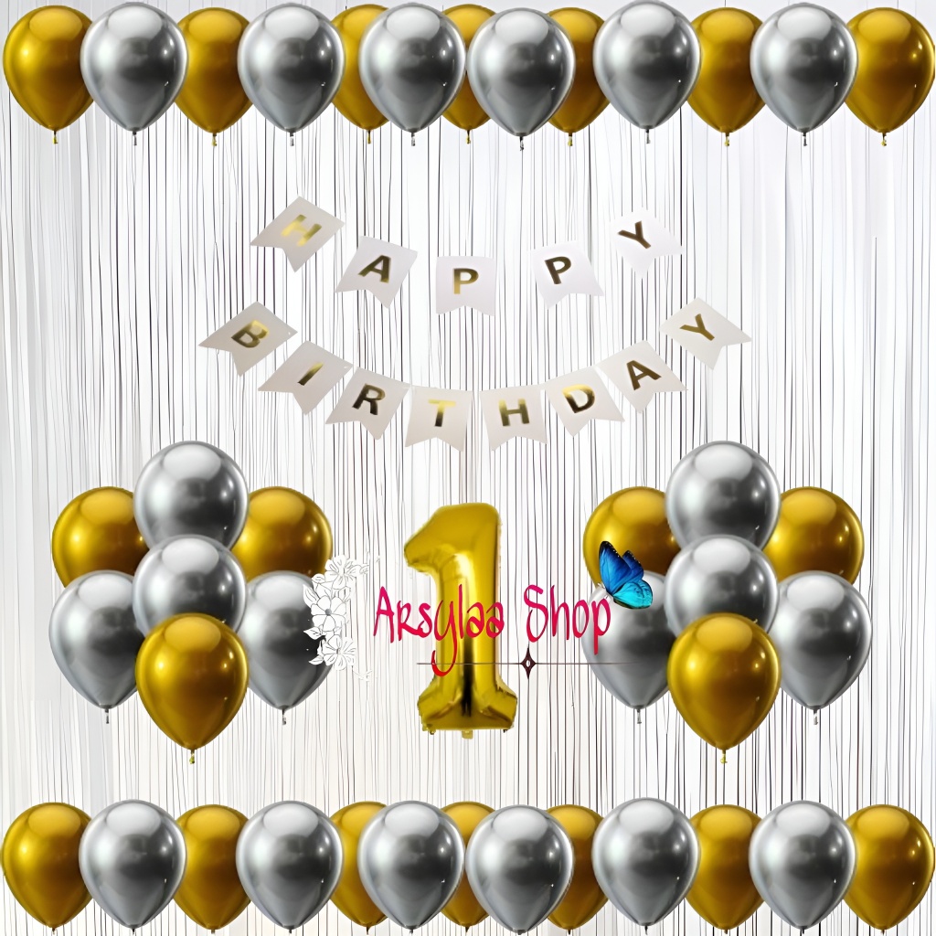 Paket Dekorasi Simple Ulang Tahun Anak Cewek Cowok Banner HBD Segilima Tirai Doff Putih