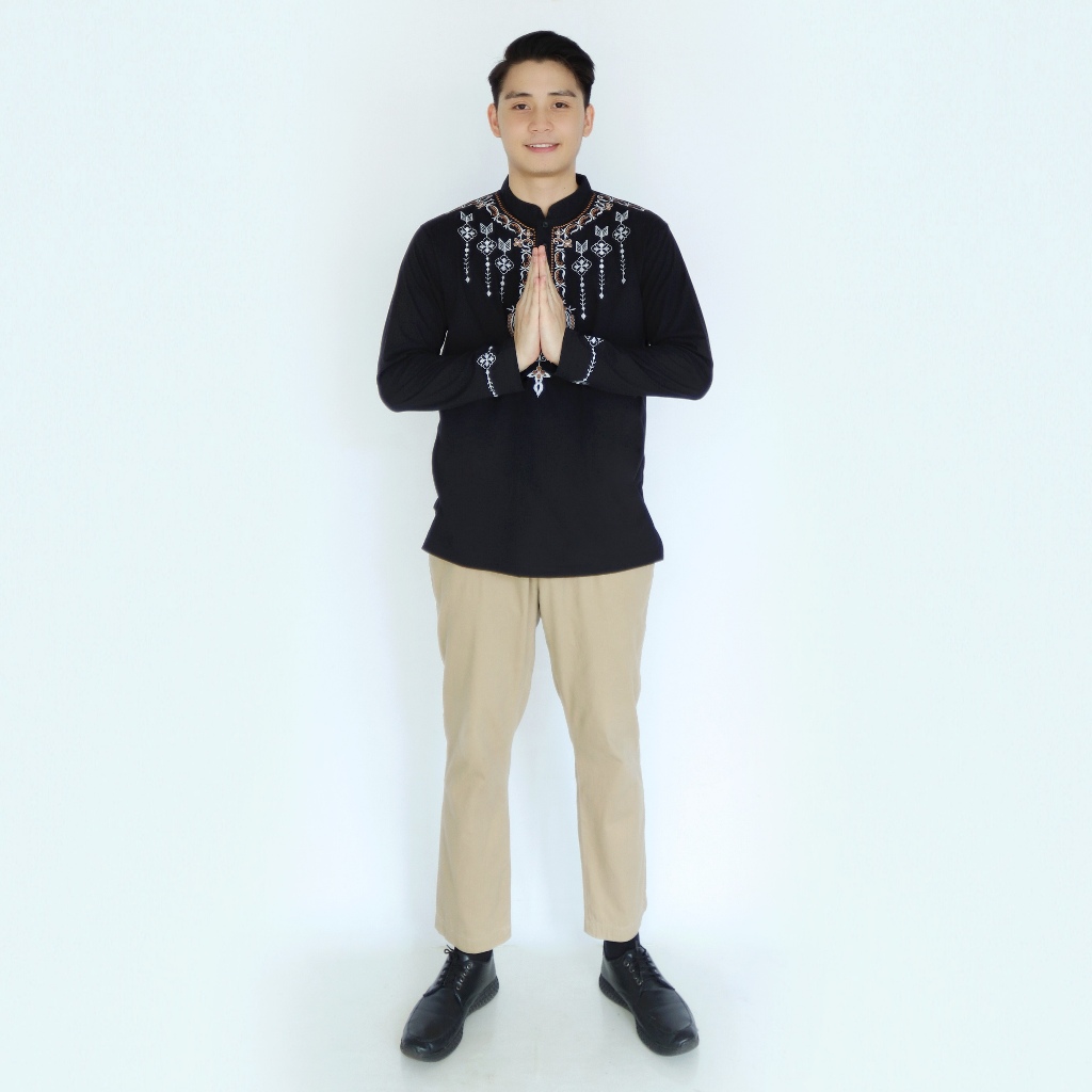 Afada - Baju Kaos Katun Koko | Kaos UJ Kerah Shanghai Bordir Motif Batik Lengan Panjang