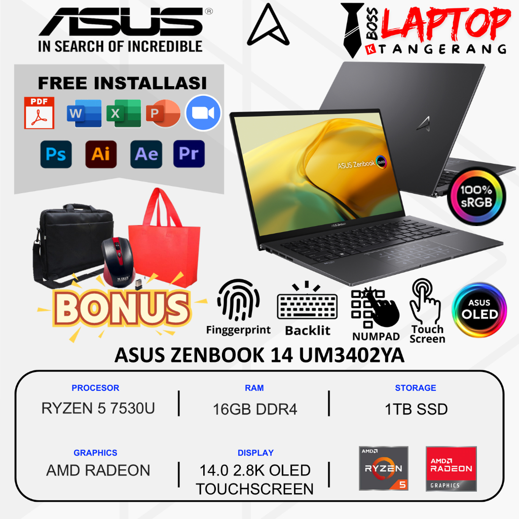 Laptop Kantor Asus Zenbook 14 OLED Touchscreen Ryzen 5 7530U 16GB Ram 1TB SSD Windows 11 Black