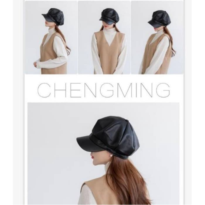 Topi Baret Wanita Kekinian Korean Style Pet Apolo Newsboy Cap Bahan Imitasi Kulit Sintetis Polos