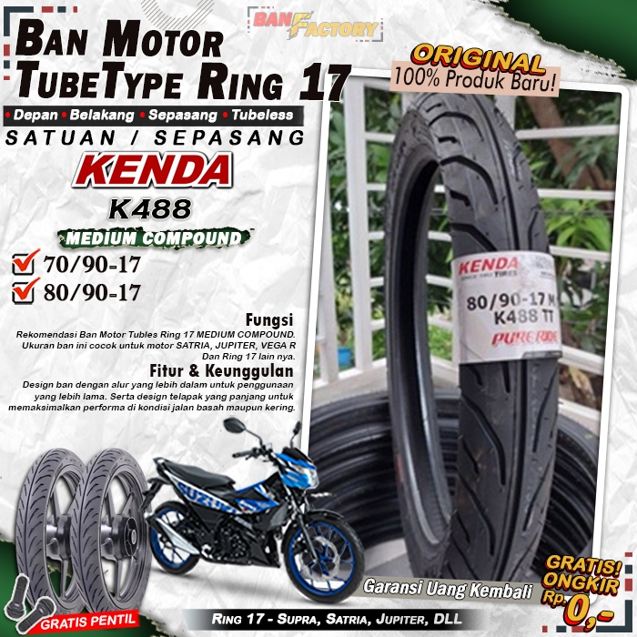 Ban Motor Bebek Kenda K488 Ring 17 Tubles Ban Motor Tubeless Supra Satria Vixion Ring 17 Tubles