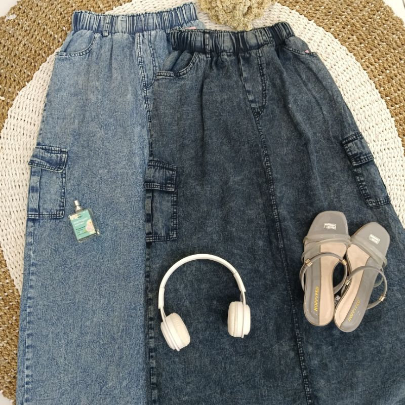 Rok cargo jeans wanita Dewasa Panjang