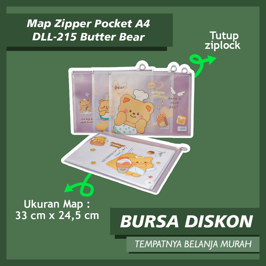 

Map Zipper Pocket A4 DLL-215 Butter Bear Folder Dokumen Zip Lock Transparant Bening