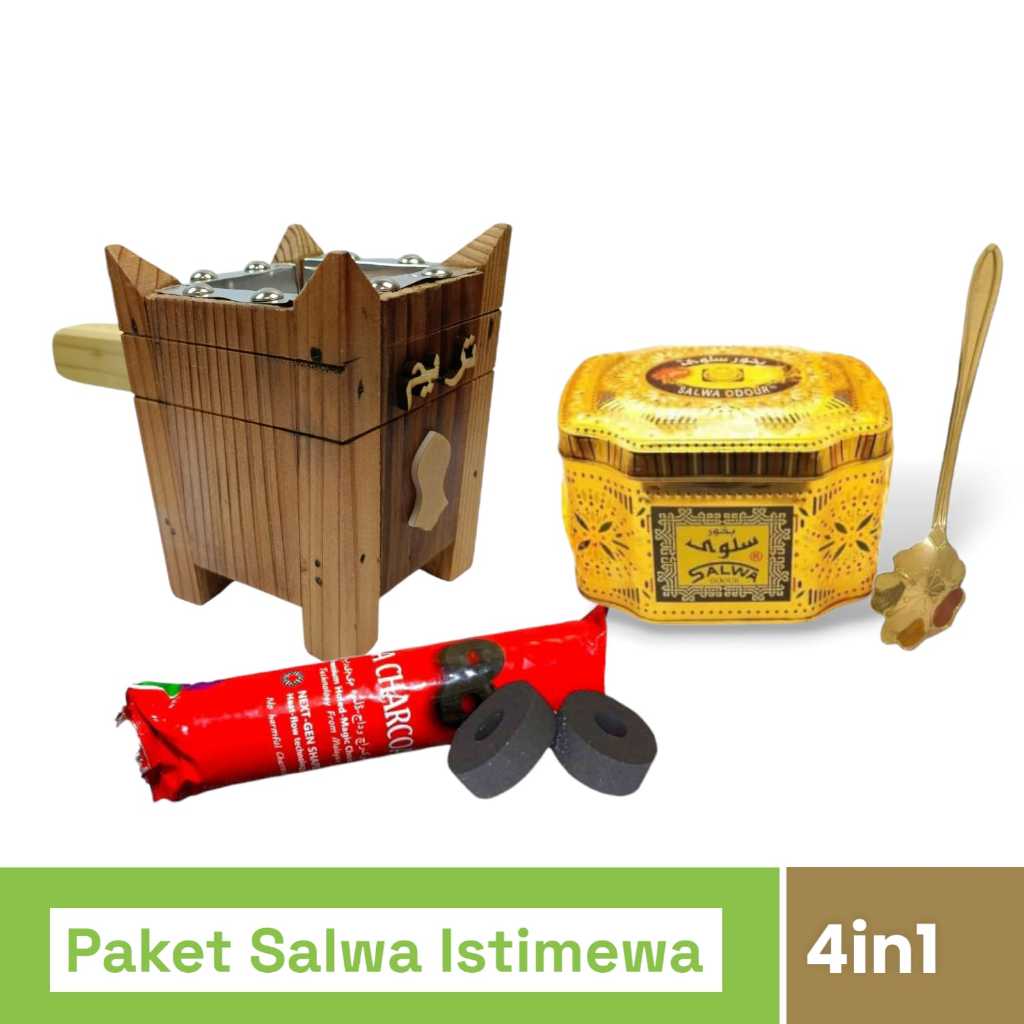 PAKET 4in1 BUKHUR SALWA ODOUR MABKHARA KAYU Mini ARANG MAGIC BUHUR SALWA KALENG EMAS ARANG HITAM
